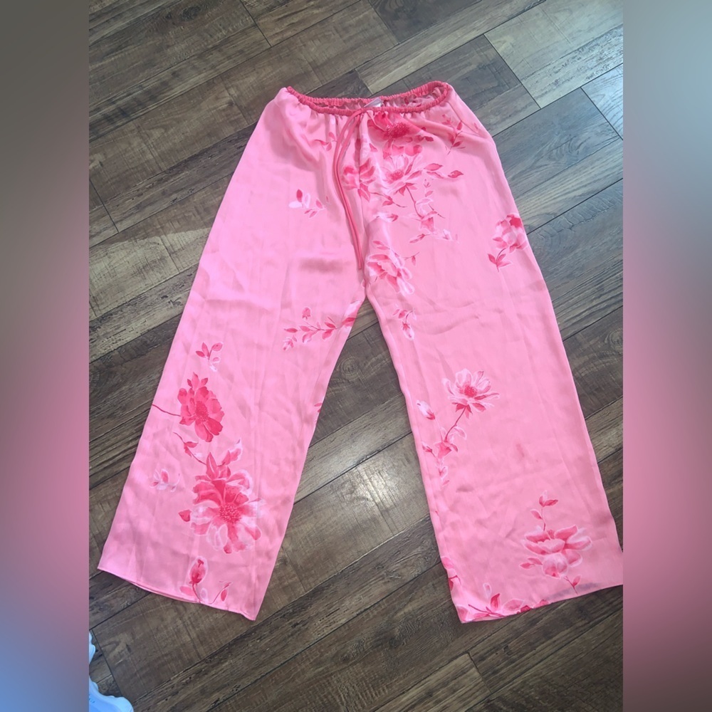 Y2K pink floral Natori pants Xs $140 boho vintage spring classic satin boho - Picture 2 of 5